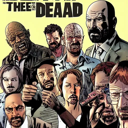 Prompt: “the walking dead comic cover featuring the cast of breaking bad in the style of Glenn Fabry.”