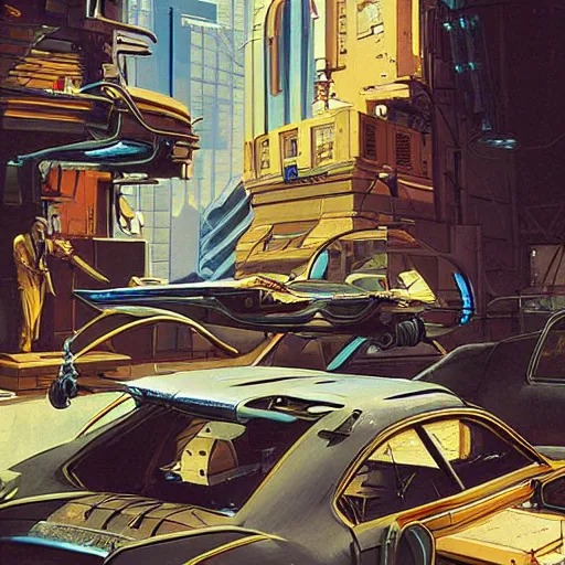 Prompt: detailed painting of a cyberpunk repair shop with roman architecture and flying cars, artstation, syd mead, cinematic