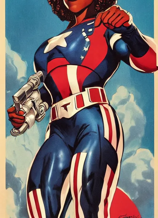 Prompt: beautiful black female captain america. afro - feminist captain america wins wwii. american wwii propaganda poster by james gurney, rob liefeld and pixar. gorgeous face. overwatch, realistic. black power