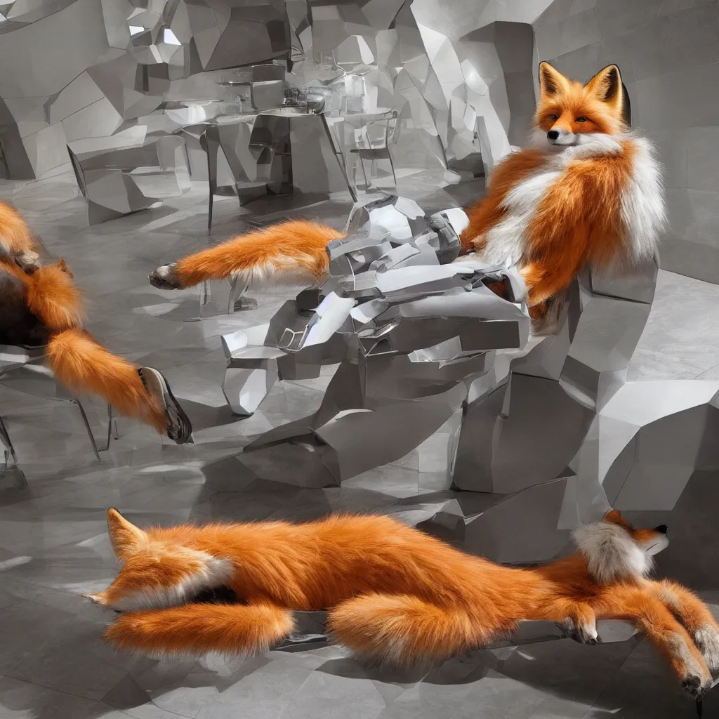 Image similar to anthropomorphic furry anthro fox lounging in a futuristic hotel