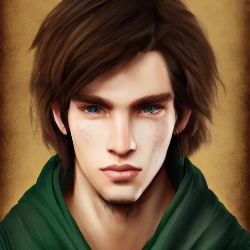 Prompt: realistic portrait, 25 years old man :: athletic fantasy mage :: green eyes, long brown hair :: wearing a brown robe :: high detail, digital art, RPG, concept art, illustration