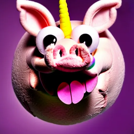 Image similar to studio photograph of a flying smiling pig with unicorn horn depicted as a muppet