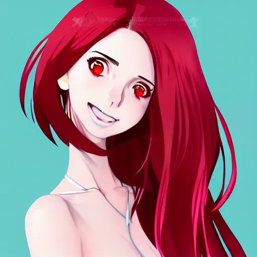 Image similar to beautiful anime vampire girl, Alison Brie, red glowing hair, smiling, clear clean face, symmetrical face, blurry background, pose, trending on artstation, Jamie McKelvie comic art, Alexandra Fomina artstation, face by Ilya Kushinov style, style by Loish, Norman Rockwell, painterly style, flat illustration, high contrast