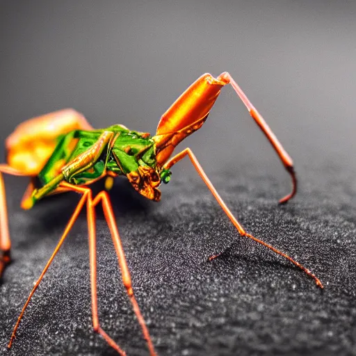 Image similar to Macro photography of a robot mantis in the wild, 88m Sigma f/1.4, dramatic lighting, closeup, detail shot