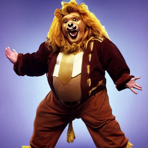 Image similar to snl chris farley as the cowardly lion of oz, studio poster photography, trending on artstation, featured on deviantart, award winning costume