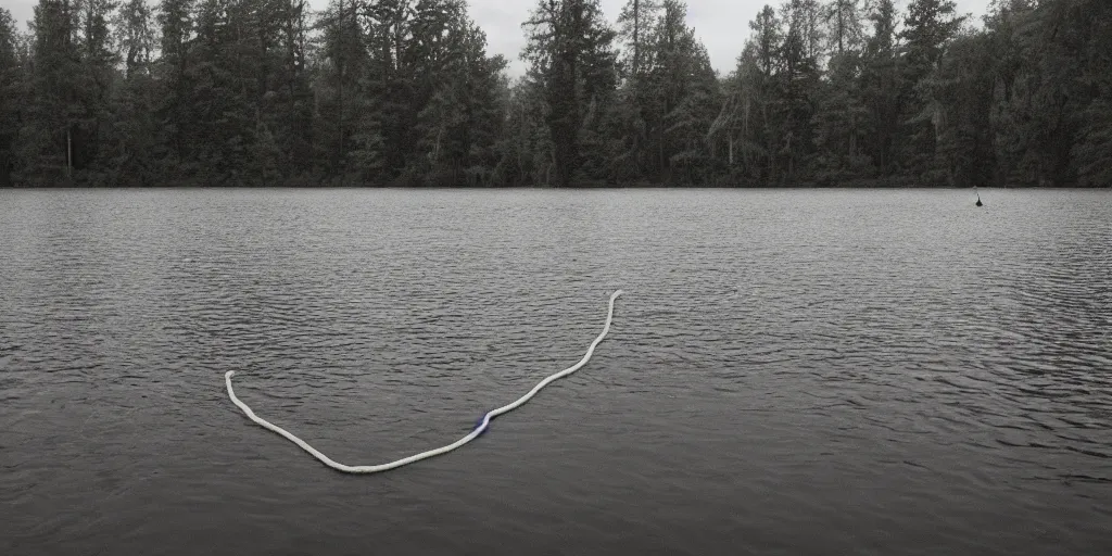 Prompt: centered photograph of a long rope snaking across the surface of the water, floating submerged rope stretching out towards the center of the lake, a dark lake on a cloudy day, mood, trees in the background, hyperedetailed photo, anamorphic lens