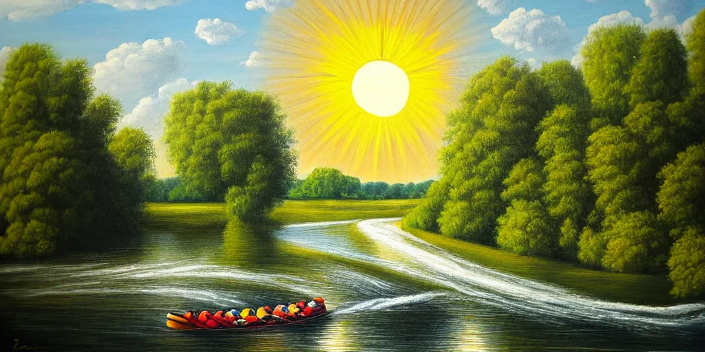 Image similar to A very detailed painting featuring a river in Europe surrounded by trees and fields. A rubber dinghy is slowly moving through the water. Sun is shining. minimalist painting