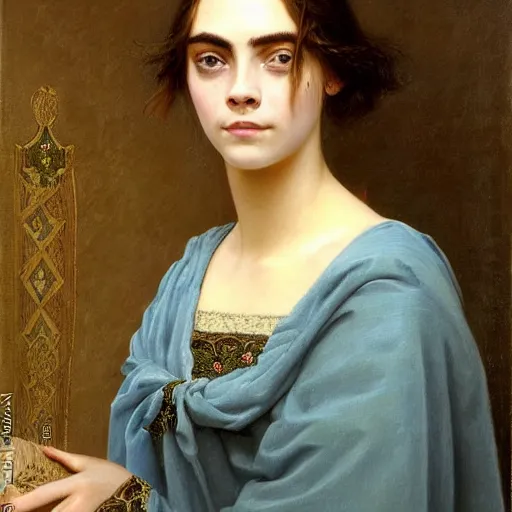 Prompt: a portrait painting of Cara Delevingne without makeup, she has thin eyebrows by Edmund blair leighton