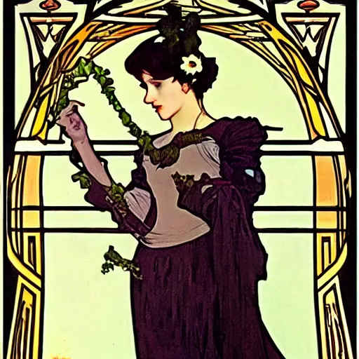 Image similar to goth girl with a wry grin, alphonse mucha, willam morris background.