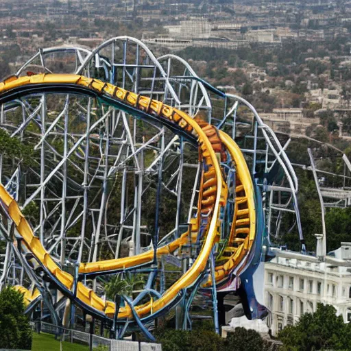 Prompt: a roller coaster that runs through the White House