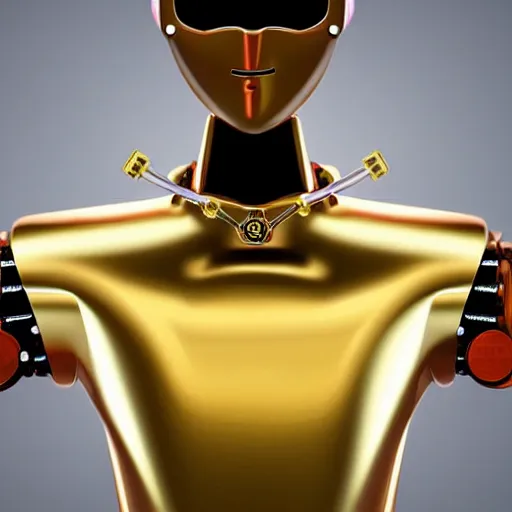 Image similar to red robot cancer cut a gold medal ribbon on the human neck, futuristic, ghibli