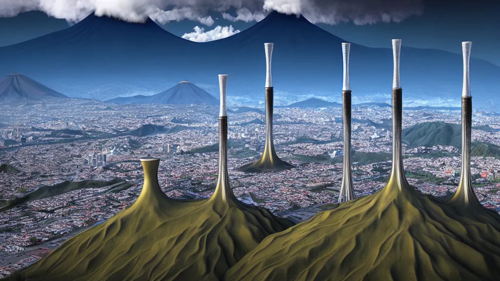 Image similar to Epic Nuclear power towers gracefully over the mountain valley of Quito, Ecuador; by Oswaldo Moncayo and Vincent Callebaut; Location: Quito Ecuador 4K, 8K; Ultra-Realistic Depth Shading