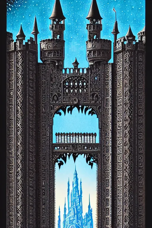 Prompt: ornate open gateway into a majestic castle, high details, intricately detailed, by vincent di fate, inking, 3 color screen print, masterpiece, trending on artstation,, sharp, details, hyper - detailed, hd, 4 k, 8 k