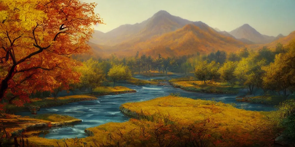 Image similar to painting of a FANTASY winery in BEIJING autumn, with a river winding through them. In the distance, there are mountains. by bob ross, Albert Bierstadt, oil on canvas, real photo taken with Polaroid camera, immaculate scale, hyper-realistic, trending on Artstation, 8k, detailed, atmospheric, immaculate