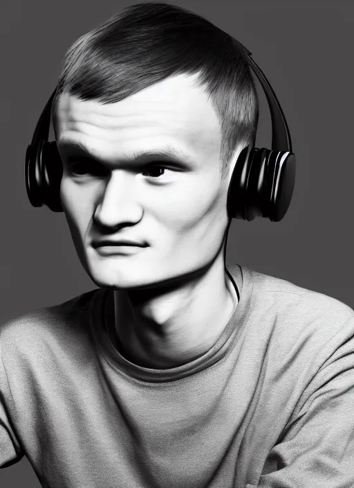 Image similar to vitalik buterin in headphones. vitalik buterin, medium shot, perfect symmetric face, coherent eyes, cute happy face, fine details., very sharp, 4 k, pixar, octane render, hans zatska