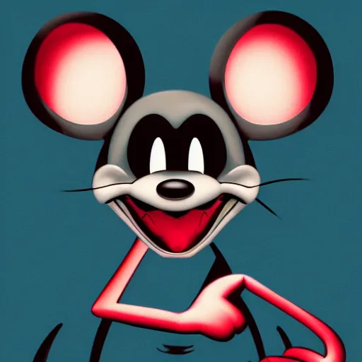 Image similar to evil sharp toothed Mickey parody by Disney, rat character evil, sharp ears, sharp features, evil eyes, menacing character, scary, horror, villain, Chuck E. Cheese, resident evil, Netflix, stranger things, detailed fur, grungy behance, HD render, cinematic Trending on artstation.