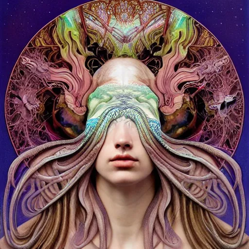 Image similar to detailed realistic beautiful young groovypunk queen of andromeda galaxy in full regal attire. face portrait. art nouveau, symbolist, visionary, baroque, giant fractal details. horizontal symmetry by zdzisław beksinski, iris van herpen, raymond swanland and alphonse mucha. highly detailed, hyper - real, beautiful