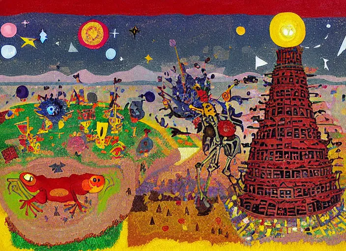 Image similar to pixel decollage painting tarot lovers card composition tower of babel road red armor maggot bear and wonky alien frog skeleton knight on a horse in a dark red cloudy night sky with golden foil jewish stars and diamonds, mountain lake and blossoming field in background, painted by Mark Rothko, Helen Frankenthaler, Danny Fox and Hilma af Klint, pixelated, neo expressionism, semi naive, pastel colors, cinematic, color field painting, cave painting, voxel, pop art look, outsider art, minimalistic. Bill Traylor painting, part by Philip Guston, Amano and Francis Bacon. art by Adrian Ghenie, very coherent symmetrical artwork, cinematic, hyper realism, high detail, octane render, unreal engine, Smooth gradients, depth of field, full body character drawing, extremely detailed, 8k, extreme detail, intricate detail, masterpiece