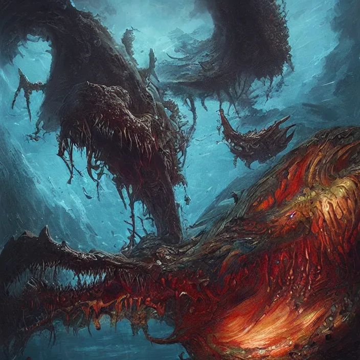 Image similar to sea monster large horror under the ocean d & d, d & d style, trending on artstation, intricate, highly detailed, vivid painting, colorful, art by greg rutkowski