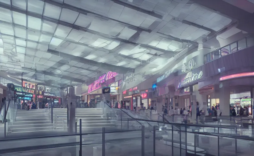 Prompt: many escalators leading up to a large mall exterior, neon lights, fog, octane render