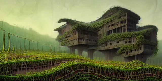 Prompt: painting obsidian rock fortress covered in vines from bladerunner by tomasz alen kopera and cornelius dammrich with futuristic neolithic watermill home by eddie jones and simon stahlenhag