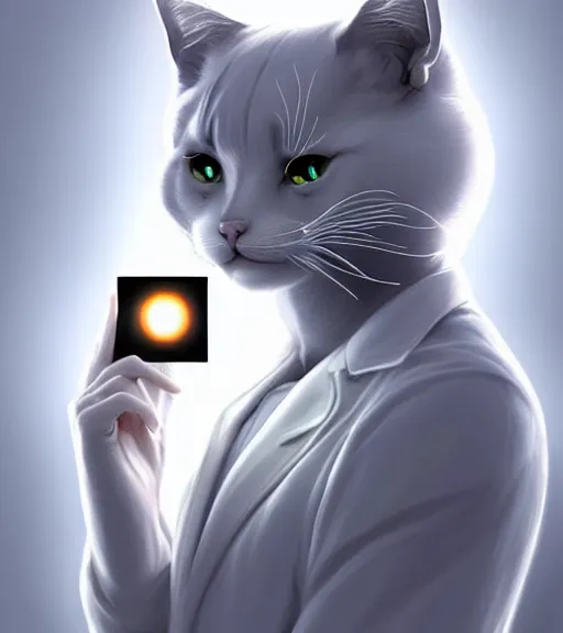 Image similar to symmetry!! anthropomorphic cat doctor in a white coat holding x ray film, solid cube of light, hard edges, intricate, elegant, highly detailed, digital painting, artstation, concept art, smooth, sharp focus, illustration, dreamlike, art by artgerm