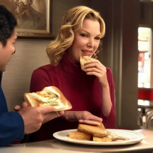 Image similar to catherine heigl and tenth is khan eating sandwiches at a diner, ultrarealistic, photorealistic, 8 k, ultra hd