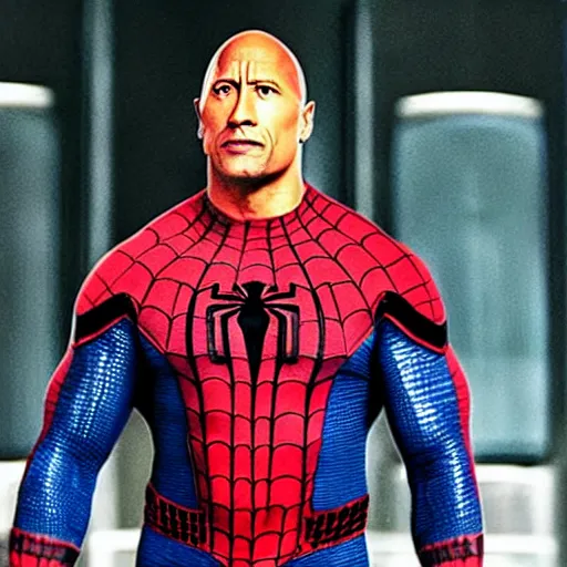 Image similar to Dwayne Johnson as Spiderman , an film still