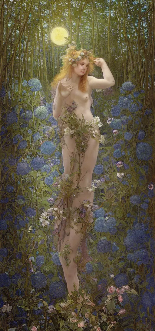 Image similar to painterly dreamy Kupala Night in the blue night forest with trees which have eyes, giant flowers, glowing owls, deers, beautiful women, lianas, thistles, giant fantasy creatures, a stream and sky with moon and stars by Alphonse Mucha, dark fantasy, very detailed oil painting in the alla prima style, volumetric lighting, masterpiece, 8k