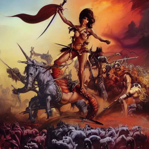 Image similar to barbariennes, a horde of female barbarians, frank frazetta, boris vallejo, julie bell, fantasy painting, 8 k, hdr, perfect composition, striking color, beautiful artwork