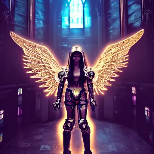 Image similar to female cyber angel, wings, ornate cyberpunk armor, ornate cyberpunk interior, ruins, cyberpunk cathedral, at ancinet Agora of Athens,Golden Light, Cathedral, 8K, trending on artstation, volumetric light, lightrays, smoke, cinematic, atmospheric, insanely detailed and intricate, hypermaximalist, elegant, ornate, luxury, elite, by James Jean, super detailed, face details trending on artbreeder, golden ratio