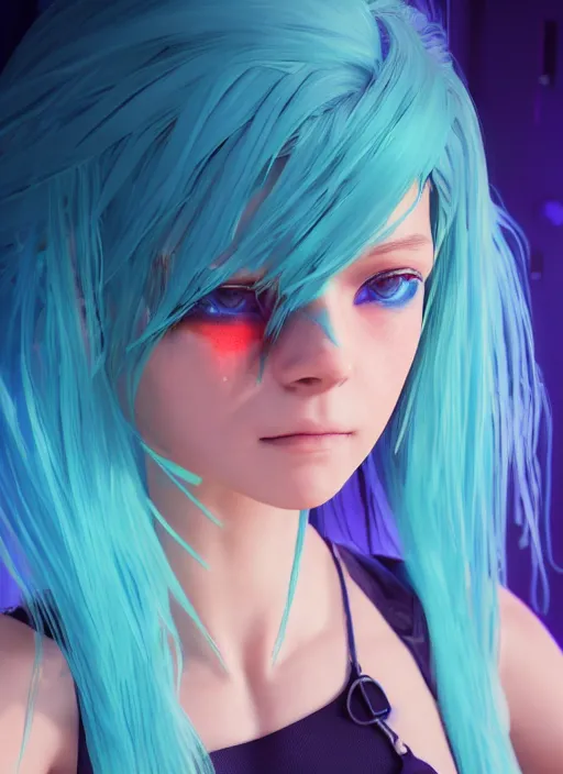Image similar to beautiful young cyberpunk girl with blue hair, blue eyes, au naturel, holding her hands out, digital art, trending in artstation, cinematic lighting, studio quality, smooth render, fluorescent skin, unreal engine 5 rendered, octane rendered, art style by klimt and nixeu and ian sprigger and wlop and krenz cushart
