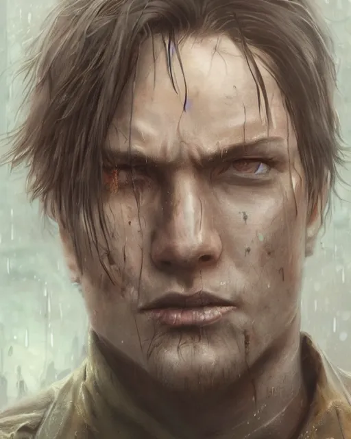 Image similar to battle hardened, charismatic, rugged leon kennedy, face centered portrait, confident, ruined cityscape, zombies, fog, rain, volumetric lighting, soft light particles floating near her, illustration, perfectly shaded, soft painting, art by leesha hannigan, ross tran, thierry doizon, kai carpenter, ignacio fernandez rios