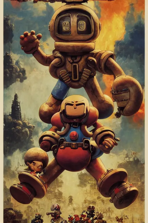 Prompt: Movie poster of Bomberman 8, Highly Detailed, Dramatic, eye-catching, A masterpiece of storytelling, by frank frazetta, ilya repin, 8k, hd, high resolution print