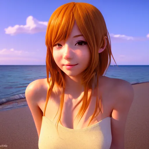 Image similar to Render of a very beautiful 3d anime girl, full body, long hair, hazel eyes, cute freckles, full round face, short smile, cute sundress, golden hour, serene beach setting, medium shot, mid-shot, highly detailed, trending on Artstation, Unreal Engine 4k