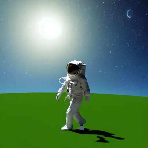 Image similar to a 3 d render of an astronaut walking in a green desert,