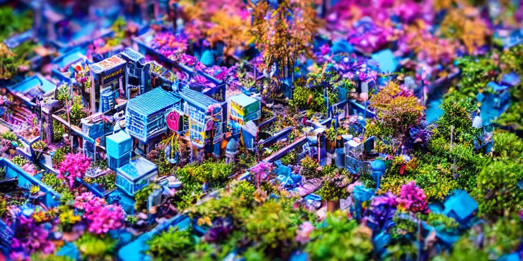 Image similar to macro photo of a miniature solarpunk city, canon 8 0 d, canon 1 0 0 mm f / 2. 8, bright sunlight, sun glints, vivid and colorful trees and plants and flowers, 4 k,