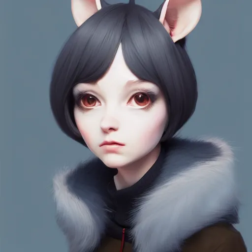 Prompt: character design portrait of an anthropomorphic furry grey rat girl with grey rat ears and a tail, 4 k, concept art, by wlop, ilya kuvshinov, artgerm, krenz cushart, pixiv.