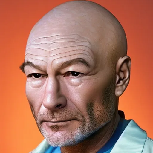 Image similar to a man who is a genetic combination of patrick stewart and jonathan frakes and levar burton and michael dorn and brent spiner, face and upper - body focus, detailed eyes