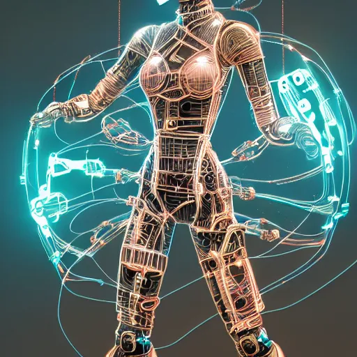 Image similar to a beautiful fighting body of a bot fighter pilot woman mostly made of wires and electronic circuits board led luminous, an ultrafine detailed illustration by james jean, final fantasy, intricate linework, bright colors, behance contest winner, vanitas, angular, altermodern, unreal engine 5 highly rendered, global illumination, radiant light, detailed and intricate environment