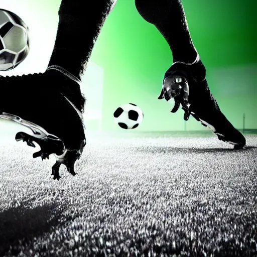 Image similar to a closeup photorealistic photograph of a black soccer boot kicking a green and black soccer ball, fantastic four theme.. bright scene. fine detail. this 4 k hd image is trending on artstation, featured on behance, well - rendered, extra crisp, features intricate detail, epic composition and the style of unreal engine.