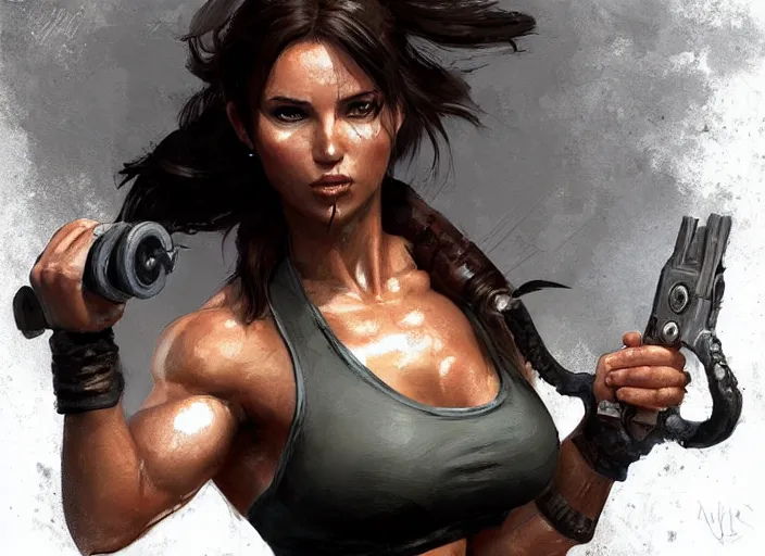 Image similar to portrait of lara croft as a beautiful female bodybuilder android with plump lips, elegant, fantasy, hd shot, digital portrait, beautiful, artstation, comic style, by artgerm, guy denning, jakub rozalski, magali villeneuve and charlie bowater