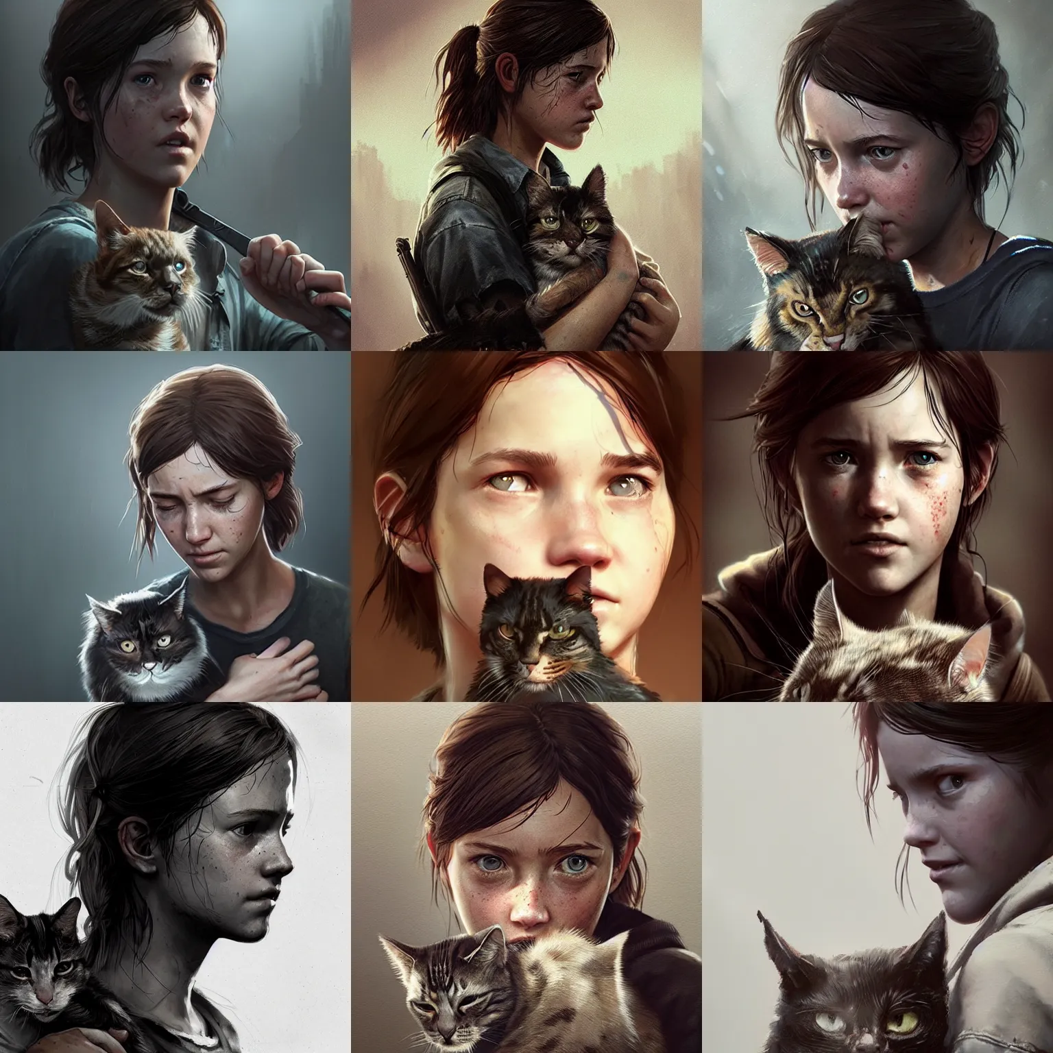 Prompt: Ellie from the Last of Us holding a cat, digital portrait by Greg Rutkowski, intricate, sharp focus, cinematic, epic, artstation