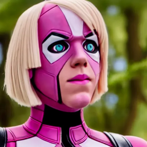 Image similar to A still of Gwenpool in Deadpool 3 (2023), no mask, blonde hair with pink highlights