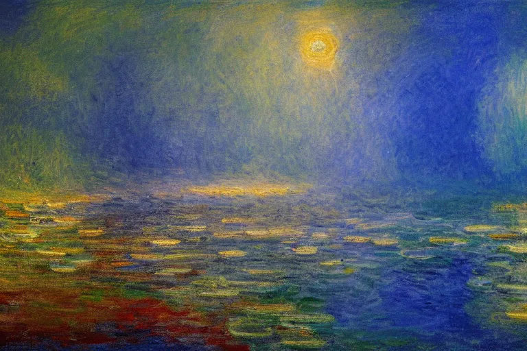 Prompt: underwater scene with volumetric lighting, oil painting in the style of Claude Monet