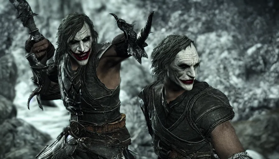 Image similar to skyrim character screenshot of the joker attacking you with an elven mace, enb, 4 k, bokeh, beautiful, detailed