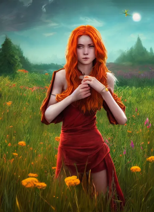 Prompt: An epic fantasy comic book style portrait painting of a young red headed girl with a tiny bright golden bee engraved on her shoulder in a field of flowers , unreal 5, DAZ, hyperrealistic, octane render, cosplay, RPG portrait, dynamic lighting