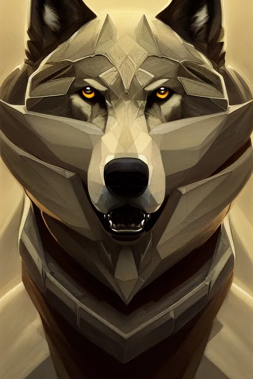 Image similar to symmetry!! portrait of a good looking wolf man, machine parts embedded into face, intricate, elegant, highly detailed, digital painting, artstation, concept art, smooth, sharp focus, illustration, art by artgerm and greg rutkowski and alphonse mucha, 8 k