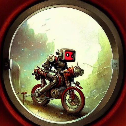 Image similar to adventurer ( ( ( ( ( 1 9 5 0 s retro future robot android time porthole portal window. muted colors. ) ) ) ) ) by jean baptiste monge!!!!!!!!!!!!!!!!!!!!!!!!! chrome red