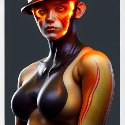 Image similar to a full - body painting of a female fire - fighter! stern face! stunning eyes!, cyberpunk art by yumihiko amano, cgsociety, figurative art, toonami, zbrush, official art